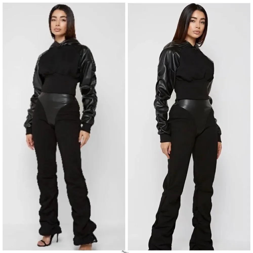 Maniere De Voir Black Jogger Faux Leather Trim Pants with Drawstring Ankle SZ 10